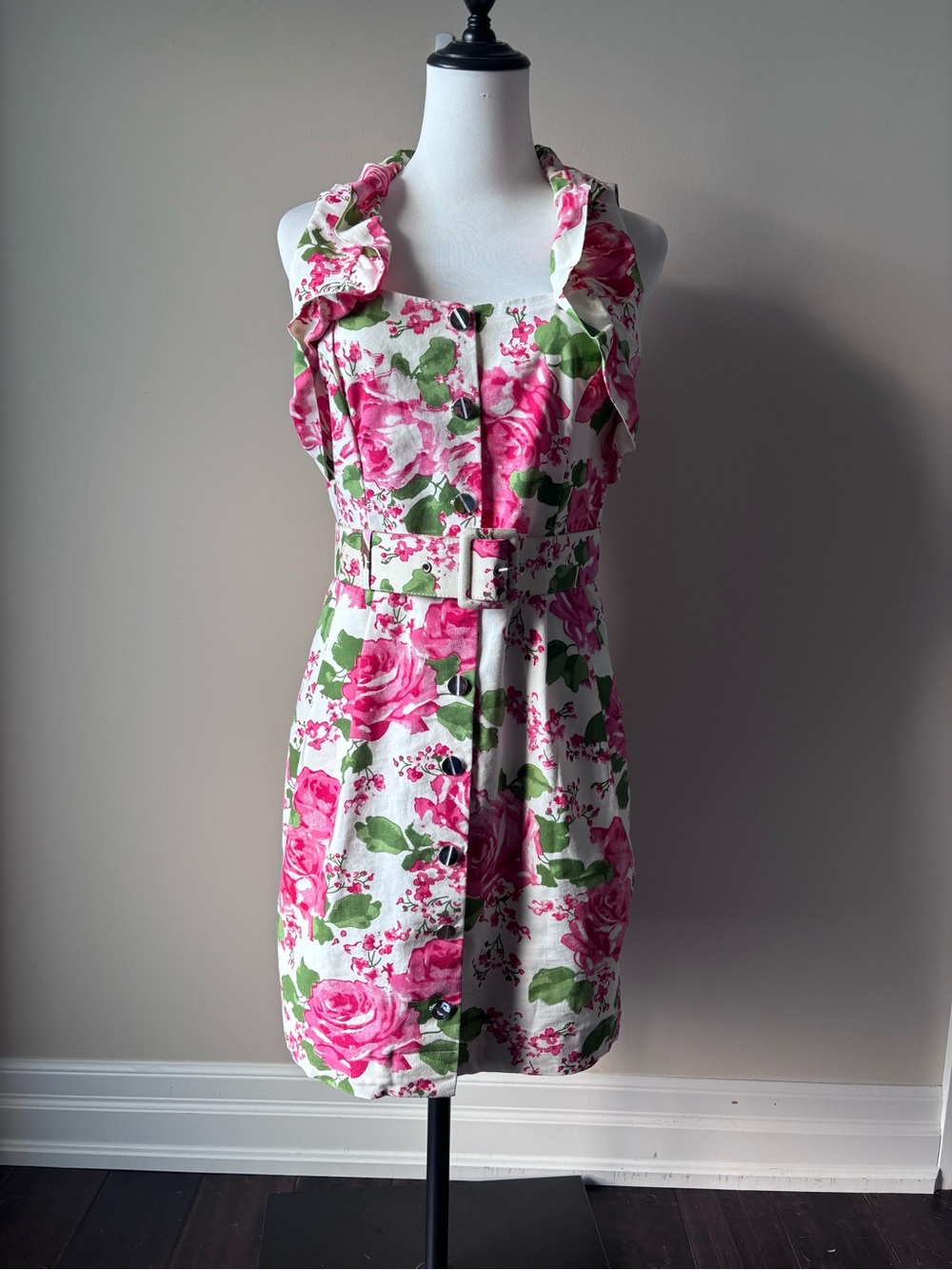 Ruffled Sleeveless Belted Mini Dress - Pink & Green Floral